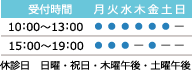 受付時間 10:00～13:00 15:00～19:00 休診日　日曜・祝日・木曜午後・土曜午後